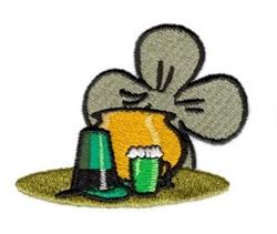 Clover leaf with a pot of gold and green hat, plus a frothy mug of beer, in a playful style for St. Patrick's Day.