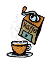 Whimsical coffee grinder in light brown and teal above a cozy beige cup with steam. Perfect for playful kitchen embroidery.