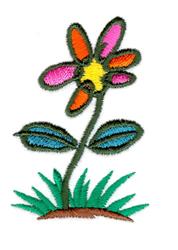 Colorful flower with vibrant orange, pink, and yellow petals, surrounded by green leaves and grass. Perfect for spring decor.