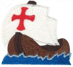 Colorful ship with a brown hull and white sails featuring a red cross, sailing over vibrant blue waves.