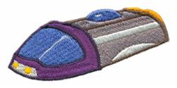 Colorful train in purple with blue detailing, silver accents, and yellow headlights, featuring a modern stylized design.