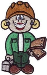 Playful cartoon character with a hard hat and green shirt, holding construction materials in vibrant colors.