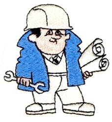 Cartoon-style construction worker in blue coat and hard hat holds a wrench and blueprints, cheerful design.