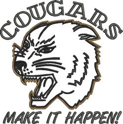Fierce cougar head in profile with bold lines, 'COUGARS' above and 'MAKE IT HAPPEN!' below in aggressive embroidery.