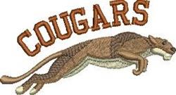 Realistic cougar leaping in brown and tan with bold orange 'COUGARS' text above, ideal for machine embroidery.