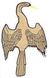 Elegant crane silhouette in beige with outstretched wings and a yellow beak, in line drawing style.