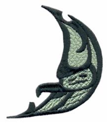 Modern crescent moon with textured surface in green and black, featuring sharp curves and flowing lines.