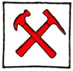 Bold crossed hammers in red with black outlines on a white background, perfect for graphic industrial designs.