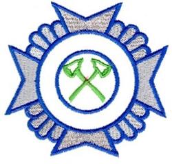 Crossed tools badge with blue border, green tools, and silver accents in a modern design.