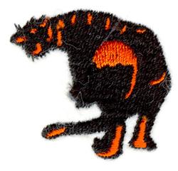 Crouching cat silhouette in bold black with vibrant orange accents, ideal for contemporary animal art.