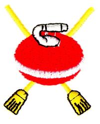 Playful curling stone in vibrant red with a white handle, crossed yellow brooms beneath, showcasing a fun sports design.