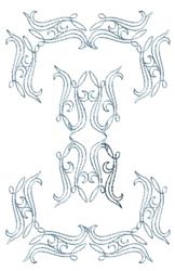 Ornate decorative elements with delicate curvy lines and symmetrical swirls, ideal for quilting.