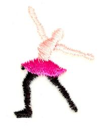 Playful dancer figure in light pink outline, bright pink skirt, and black legs, captured in a leaping pose.