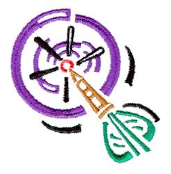 Colorful dartboard with a vibrant purple circle and black lines, featuring a dart embedded at the center.