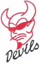 Cartoonish devilish face with bold horns and stylish sunglasses, featuring a vibrant red outline and scripted 'Devils'.
