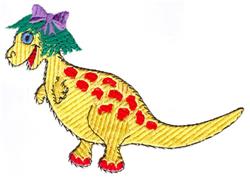 Cartoon dinosaur in applique style with a yellow body, green hair, purple bow, and red spots, great for birthday themes.