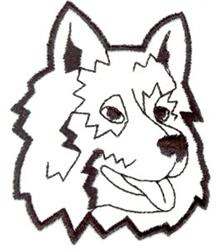 Outline drawing of a playful dog face with fur details and open mouth, ideal for embroidery on home goods.