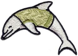 Applique dolphin mid-leap in gray and white with a green accent and bold black outline, perfect for playful decor.