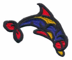 Vibrant applique dolphin splashing in blue, red, and yellow, outlined in black, perfect for casual embroidery.