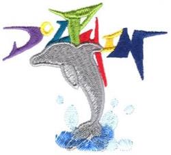 Colorful dolphin leaping over vibrant waves, with bold 'DOLPHIN' text above, perfect for a playful coastal theme.
