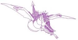 Stylized dragon in flight with intricate line art, showcasing purple thread, detailed wings, and sharp claws.