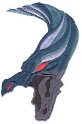 Stylized dragon head with sharp features and sophisticated shading in dark colors, showcasing striking red eyes. Modern desig