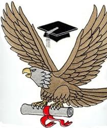 Symbolic eagle with detailed wings holds a ribboned scroll, with a graduation cap above, celebrating achievement.