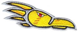 Stylized eagle head in bold graphic style, vibrant yellow with a red eye, outlined in black and white.
