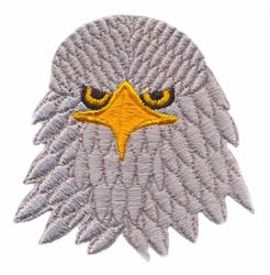Eagle head featuring realistic gray feathers, a bright yellow beak, and intense eyes in a nature-themed design.