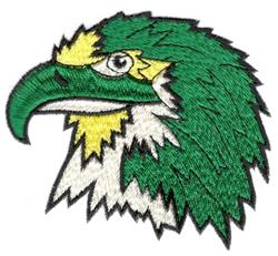 Colorful eagle head with green and yellow feathers, fierce expression, bold black outlines, for machine embroidery.
