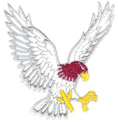 Realistic eagle in flight with vibrant maroon head, white body, and bright yellow claws, showcasing detailed wings.