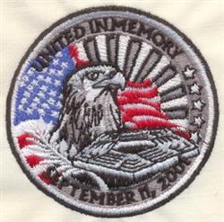 Patriotic eagle atop the American flag, surrounded by stars and the text 'UNITED IN MEMORY'.