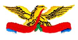 Majestic eagle with outstretched wings in vibrant yellow and brown tones, accented by a red ribbon and blue stripes.