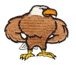 Cartoon eagle with brown feathers, white head, and yellow feet in playful stance, perfect for embroidery projects.