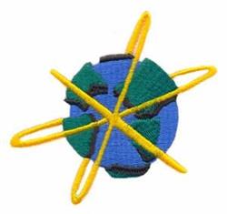 Colorful earth globe design with a blue oceans, green landmasses, and playful yellow orbiting lines, perfect for kids.