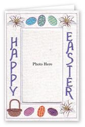 Playful Easter card design featuring colorful eggs and spider motifs with 'HAPPY EASTER' text.