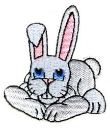 Playful rabbit with gray fur, pink ears, and blue eyes, perfect for Easter celebrations on fabric.