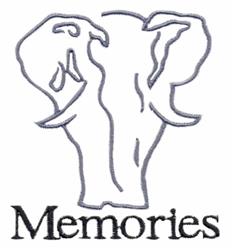 Minimalist elephant outline in single line style with 'Memories' text below. Modern embroidery design.
