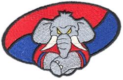 Cartoon elephant with a playful pose, set against a bold red and blue background, perfect for fun embroidery.