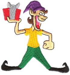 Cartoonish elf in a yellow shirt and purple hat joyfully holding a colorful red and gray gift. Perfect for festive decor.