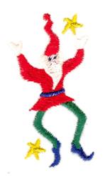 Playful elf in red outfit and green pants, surrounded by yellow stars, perfect for holiday decor.