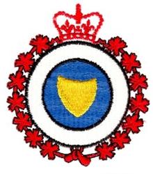 Detailed emblem with blue shield and yellow outline, surrounded by a white circle and red floral border, featuring a crown.