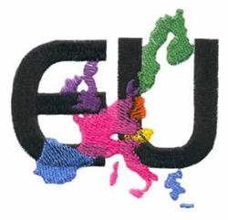 EU letters in bold black with a vibrant, colorful map of Europe in pink, green, and blue. Modern and playful design.