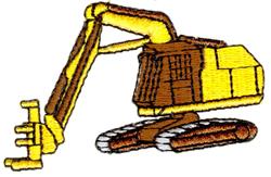 Cartoon excavator in vibrant yellow and brown, featuring an extended arm and bucket, perfect for playful designs.