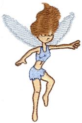 Whimsical fairy with flowing brown hair and translucent wings, dressed in a light blue outfit, in a playful pose.
