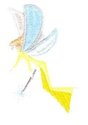 Whimsical fairy with delicate blue wings and a yellow dress, mid-action with a sparkling wand in pastel spring colors.