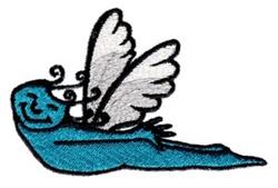 Playful fantasy creature with a blue body and cheerful expression, delicate butterfly wings, and curly details.