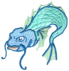 Fantasy fish with a blue body, green dragon scales, and large expressive eyes in a whimsical style.
