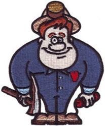 Cartoon farmer character in blue overall with red accents, holding an axe, vibrant and whimsical design.