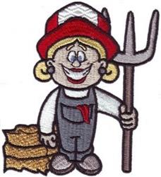 Playful cartoon farmer with blonde curls and red hat holding a pitchfork by a haystack, ideal for kids.